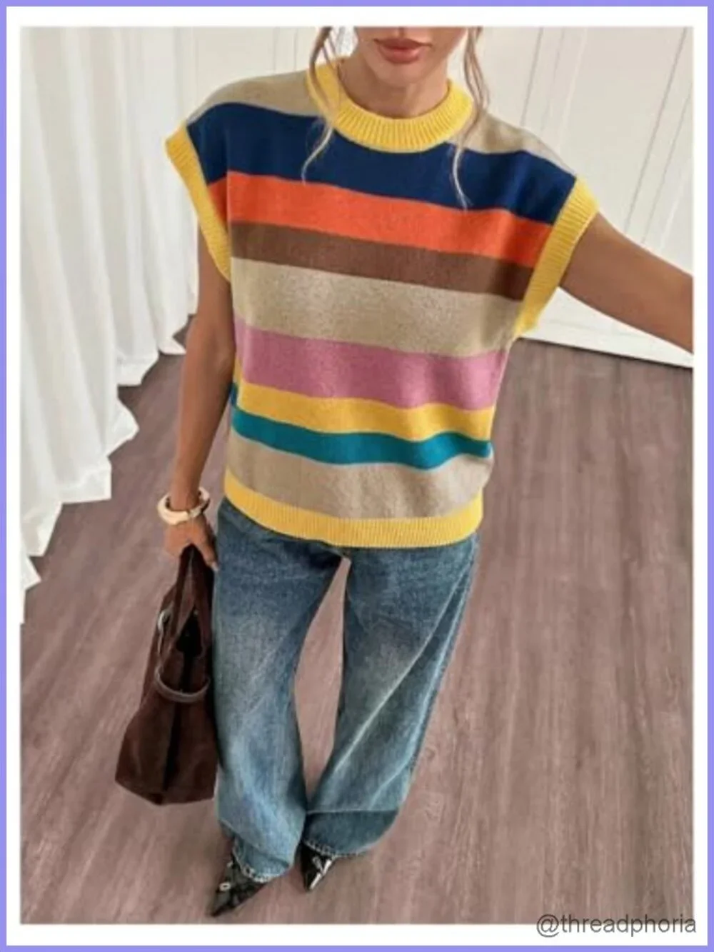 Floral Short Sleeve Knit Sweater Lightweight Viscose Crew Neck